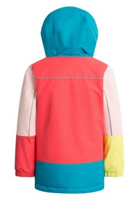 Färgglad jacka med en turkos huva, korallfärgad kropp och flerfärgade ärmar med rosa, gula och blå sektioner. Inkluderar elastiska muddarna.