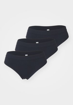 Drie paar marineblauwe katoenen boxershorts in briefstijl met een zachte textuur en een brede tailleband, met een eenvoudig, onopgesmukt ontwerp.