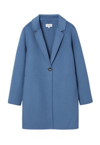 Abrigo de lana azul con cierre de un solo botón, solapas con muescas y mangas largas; presenta una silueta recta y elegante con bolsillos laterales.