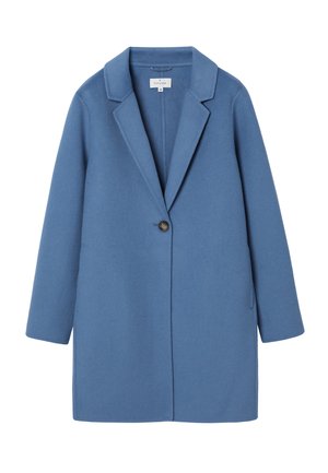 Sinine villane mantel ühe nupuga kinnitusega, sälgutatud kraede ja pikkade varrukatega; iseloomustab elegantset, sirget lõiget ning küljetaskuid.