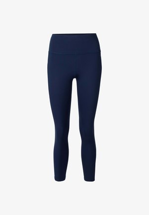 Leggings ajustés taille haute bleu marine avec coutures plates, s'étendant jusqu'à la cheville, conçus pour une utilisation sportive ou décontractée.