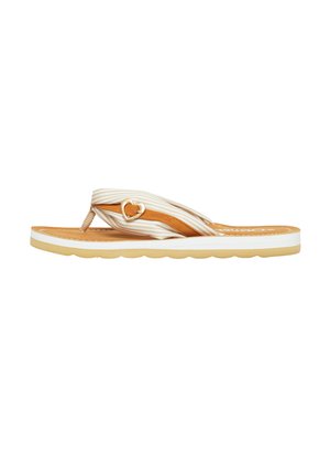 Beige-weiß gestreifter Stoff-Flip-Flop mit hellbrauner Innensohle, weißem Sohlenrand und goldener herzförmiger Schnalle am Riemen.