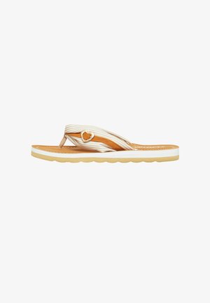 Beige-weiß gestreifter Stoff-Flip-Flop mit hellbrauner Innensohle, weißem Sohlenrand und goldener herzförmiger Schnalle am Riemen.