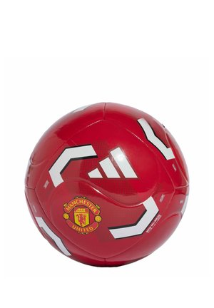 Rode Adidas voetbal met witte geometrische patronen en het Manchester United clubwapen.