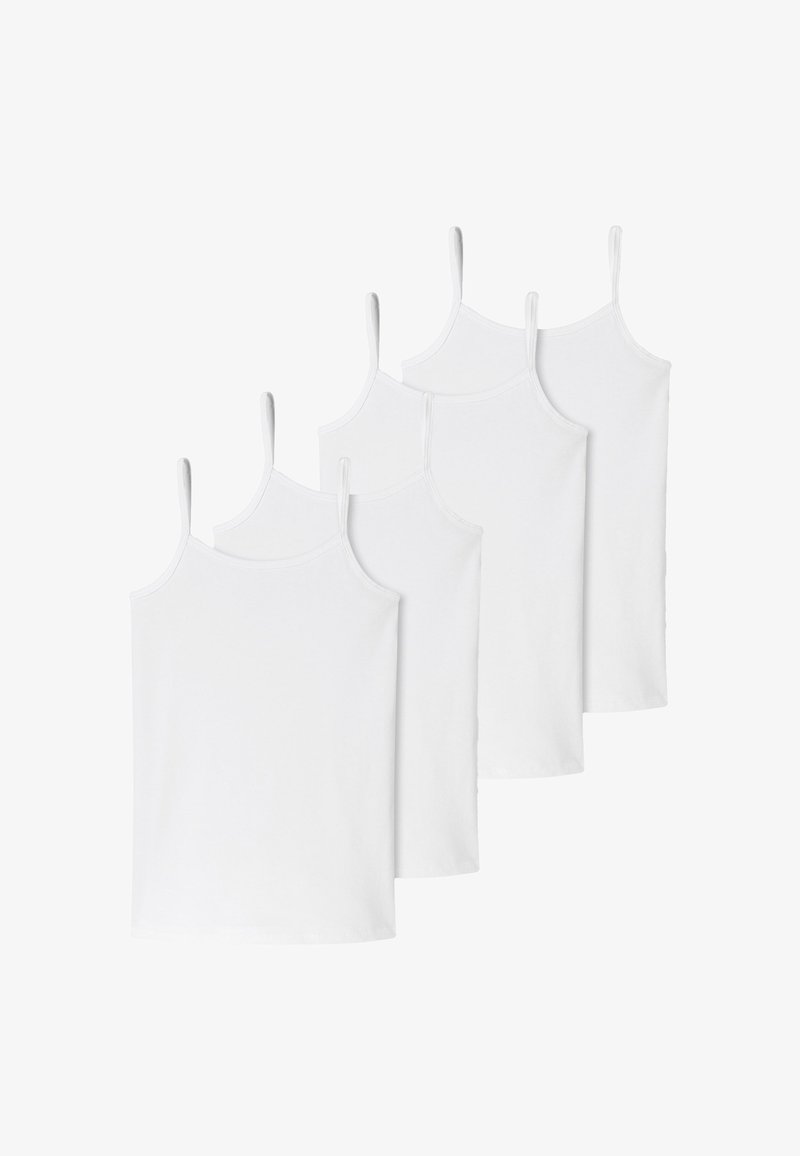 Cinco camisetas de tirantes blancas lisas, de estilo spaghetti, dispuestas superpuestas en una fila escalonada sobre un fondo blanco.