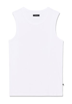 Witte mouwloze top met ronde hals, voorzien van een klein zwart label bij de kraag en een klein zwart zijlabel aan de zoom.