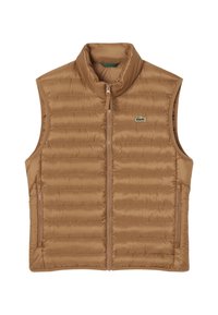 Tegen gewatteerd vest met hoge kraag, gecentreerde ritssluiting en twee zijzakken met rits; heeft een klein groen logo op de linkerborst.
