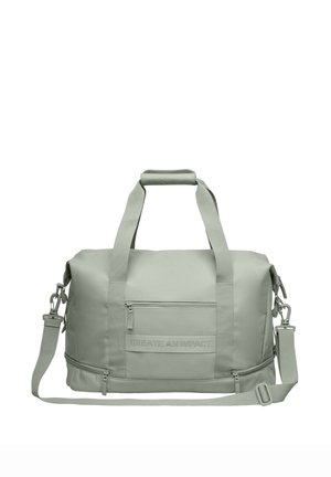 Borsa da viaggio grigio chiaro con tasca frontale con cerniera, doppi manici con impugnatura imbottita, tracolla regolabile e testo "CREATE AN IMPACT" sul davanti.
