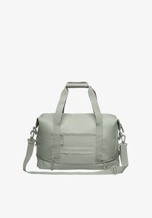 Hellgraue Reisetasche mit Front-Reißverschlusstasche, zwei Griffen mit gepolstertem Griff, verstellbarem Schultergurt und dem Text "CREATE AN IMPACT" auf der Vorderseite.