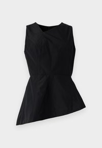 Vestito nero senza maniche con un corpo aderente e orlo svasato. Presenta una forma asimmetrica e un tessuto texture. Chiusura con cerniera sul retro.