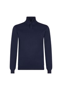 Marineblauer Pullover mit halbem Reißverschlusskragen, langen Ärmeln und gerippten Bündchen. Hergestellt aus weichem Stoff mit glatter Textur und minimalistischem Design.