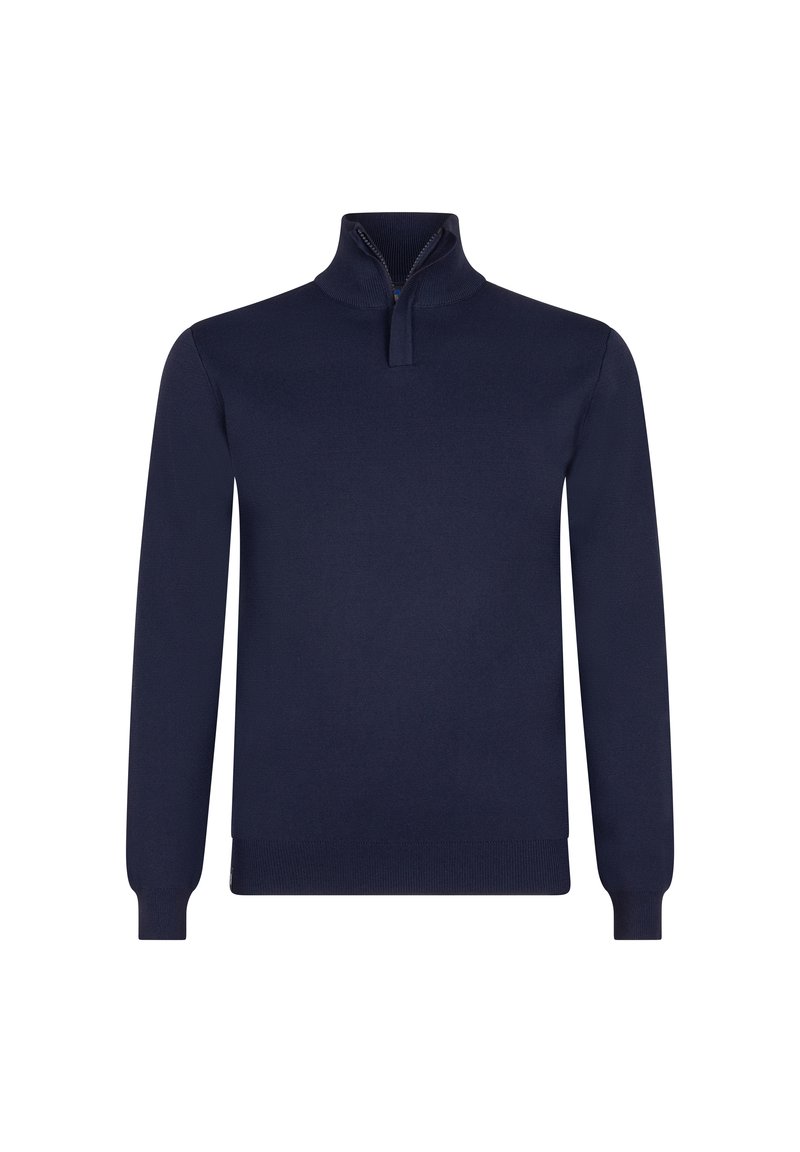 Marineblauer Pullover mit halbem Reißverschlusskragen, langen Ärmeln und gerippten Bündchen. Hergestellt aus weichem Stoff mit glatter Textur und minimalistischem Design.
