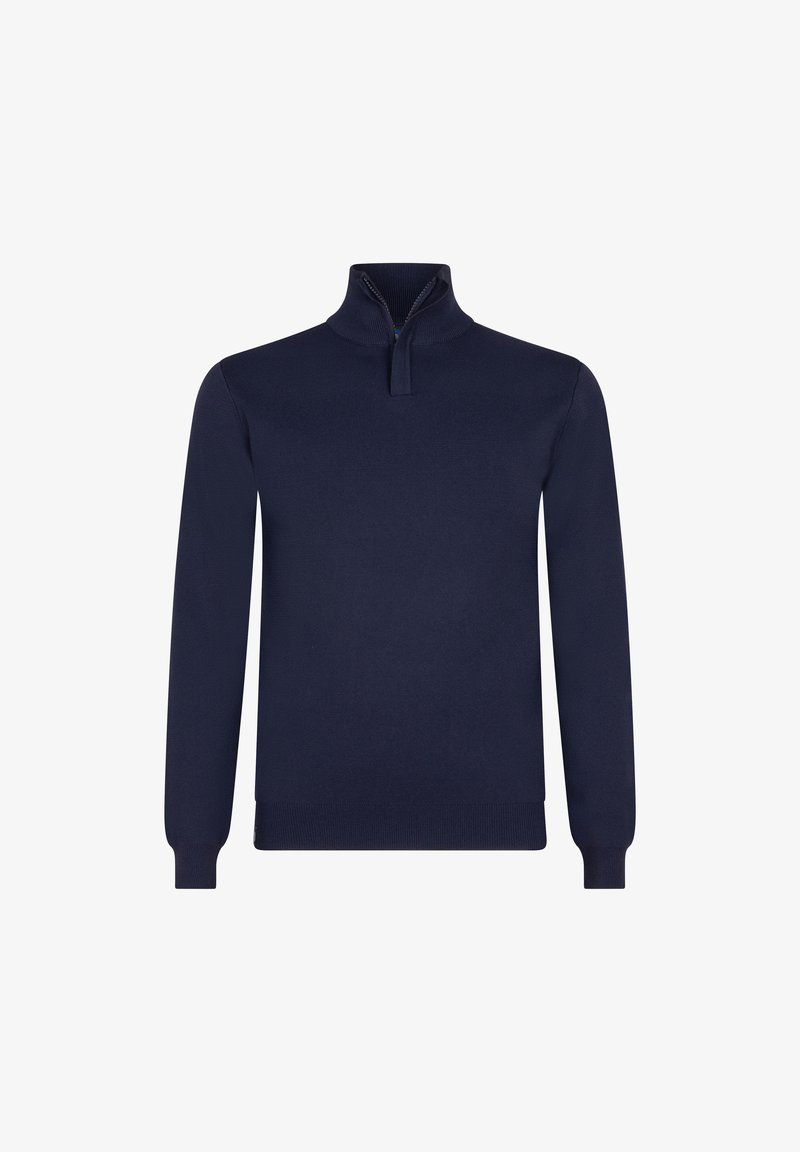Navy pullover sweater with a half-zip collar, long sleeves, and ribbed cuffs. Made from soft fabric with a smooth texture and minimal design.