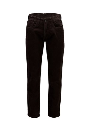 Schwarze Cord-Hosen mit geradem Schnitt, Fronttaschen und einem einzigen Knopfverschluss sowie einem klassischen Gummibund.