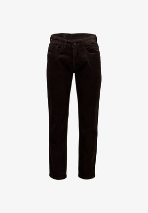 Pantalons en velours côtelé noir avec une coupe droite, des poches avant et une fermeture à un bouton avec une taille classique.