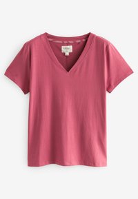 V-Ausschnitt T-Shirt aus weichem, mittelschwerem Stoff. Die Farbe ist staubiges Rosé. Kurze Ärmel mit lockerer Passform und geradem Saum. Einfaches Etikett innen.