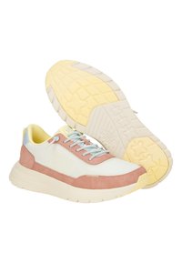 Bunte Sportschuhe mit einem cremefarbenen Obermaterial, rosa Wildlederakzenten, gelber Sohle und blauen Schnürsenkeln sowie einem sternenmusterförmigen Profil auf der Unterseite.