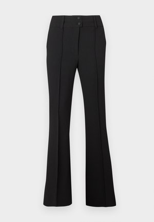 Zwarte flared pantalons met twee knopen aan de voorkant, gemaakt van een gladde, gestructureerde stof en verticale naden voor een elegante uitstraling.