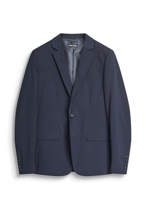 Marineblauw herenblazer met notch-revers, twee voorzakken met klep, één borstzak en met knopen sluitende manchetten, gepresenteerd op een witte achtergrond.