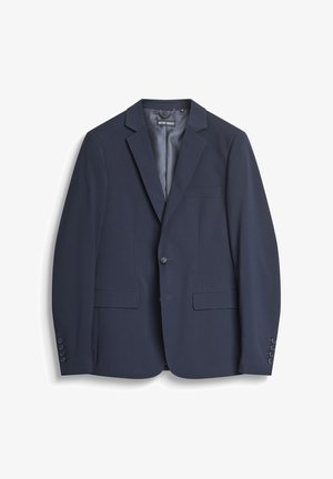 Marineblaues Herren-Sakko mit eingekerbtem Revers, zwei vorderen Klappentaschen, einer Brusttasche und knöpfbaren Manschetten, auf weißem Hintergrund präsentiert.