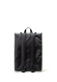 Sac à dos noir et vert menthe en tissu texturé, doté de trois sangles ajustables noires, d'une poigné en haut et de fermetures à boucle.