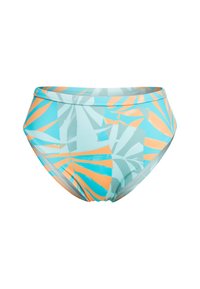 Högmidjad bikiniunderdel i ljusblått, med ett abstrakt bladmönster i orange och teal. Gjord av mjukt, elastiskt material för komfort.