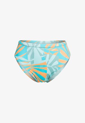 Hooggetailleerde bikini onderkant in lichtblauw, met een abstracte bladerenpatroon in oranje en teal. Gemaakt van een soepele, elastische stof voor comfort.