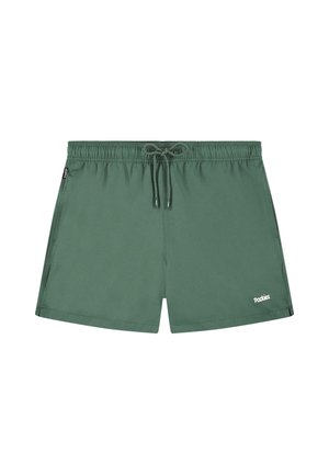 Green swim shorts with an elastic waistband, adjustable drawstring, side pockets, and a small white logo on the lower front.