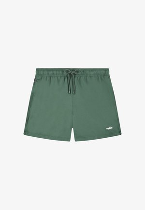 Zelené plavkové šortky s elastickým pásom, nastaviteľnou šnúrkou, bočnými vreckami a malým bielym logom na spodnej časti prednej strany.