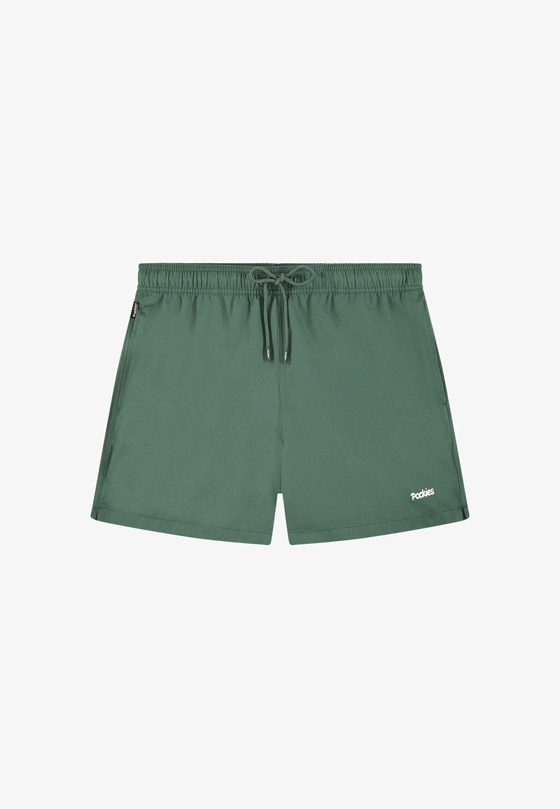 Zöld úszónadrág rugalmas derékkal, állítható zsinórral, oldalsó zsebekkel és egy apró fehér logóval az alsó elején.