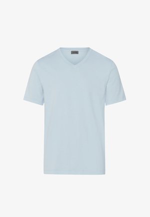 T-shirt azzurro chiaro a maniche corte con scollo a V e una piccola etichetta grigia del marchio sul retro del colletto interno, design semplice.