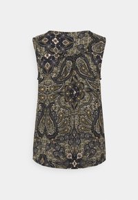 Blouse sans manches avec un motif complexe de cachemire et fleurs en olive foncé, noir et beige sur un tissu texturé.