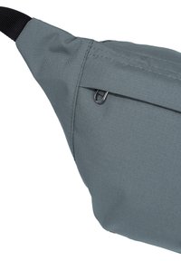 Sac banane en tissu gris avec une sangle noire réglable, une poche zippée à l'avant, et une petite boucle métallique.