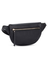 Czarna skórzana saszetka na biodra o gładkiej fakturze, zakrzywionym kształcie i przedniej kieszeni na zamek błyskawiczny z złotymi akcentami.