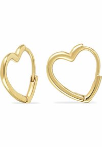 Guldörhängen i hjärtform med en slät yta och böjd design; har en unik öppningsmekanism vid låset.