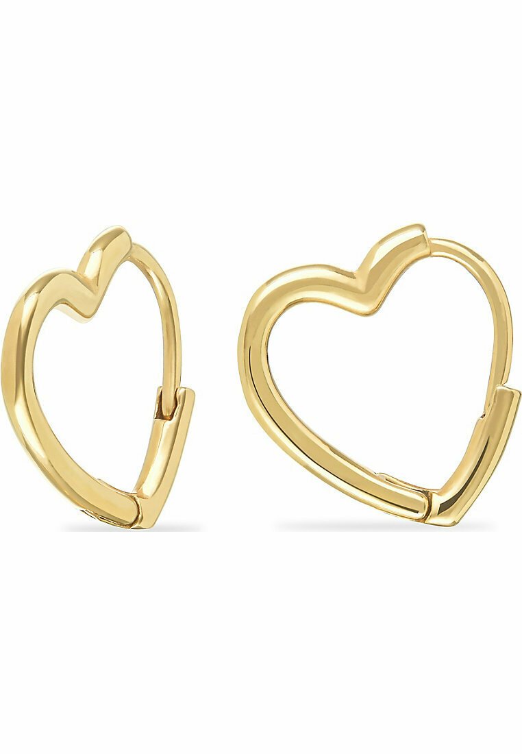 Guldörhängen i hjärtform med en slät yta och böjd design; har en unik öppningsmekanism vid låset.