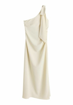 Asymmetrisches One-Shoulder-Kleid aus cremefarbenem Stoff. Verfügt über ein drapiertes Design und ein Knotendetail auf der Schulter, das weiche Falten erzeugt.