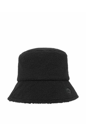 Chapeau bob noir texturé avec un large bord et un petit patch rond avec logo sur le côté du bord.