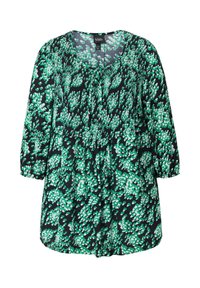Blusa nera con motivo a foglia bianca e verde, caratterizzata da una scollatura a V, maniche a tre quarti e vita arricciata.