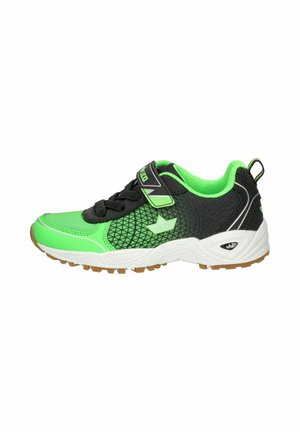 Athletic shoe featuring a black and neon green mesh upper, laces, and Velcro strap, with a textured rubber sole and geometric accents.