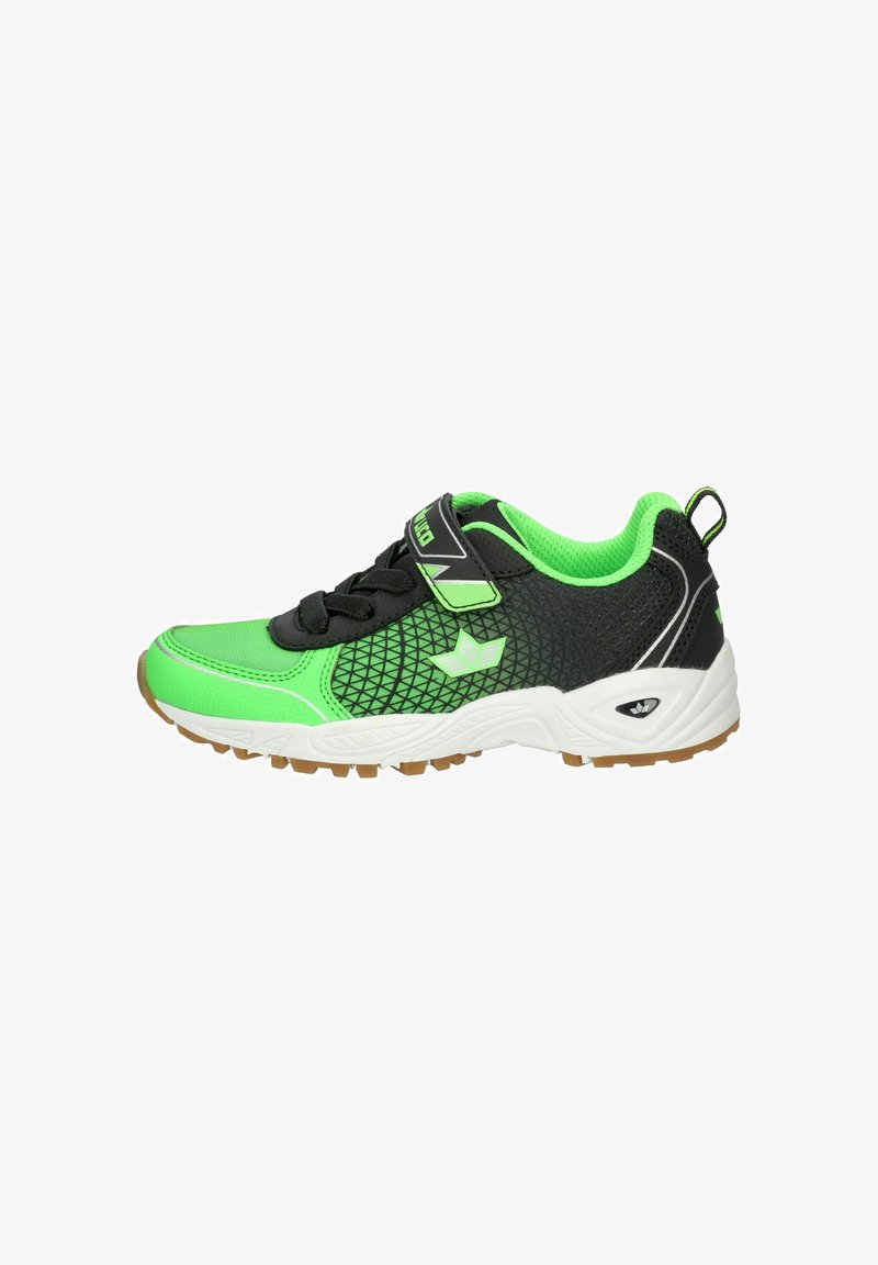 Athletic shoe featuring a black and neon green mesh upper, laces, and Velcro strap, with a textured rubber sole and geometric accents.