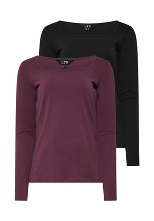 Tops à manches longues en bordeaux et noir. Tissu doux avec un col rond. Chaque haut présente une texture lisse et un design simple.