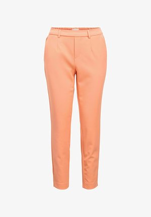 Pehmeast kangast kreemjaroosad püksid, millel on elastne vöökoht, küljetaskud ja õhuke, kohandatud lõige.