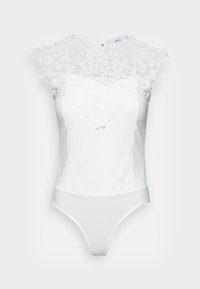 Vit bodysuit med hög spetskrage med blommönster, slätt tyg, figurnära design och knappstängning längst ner.