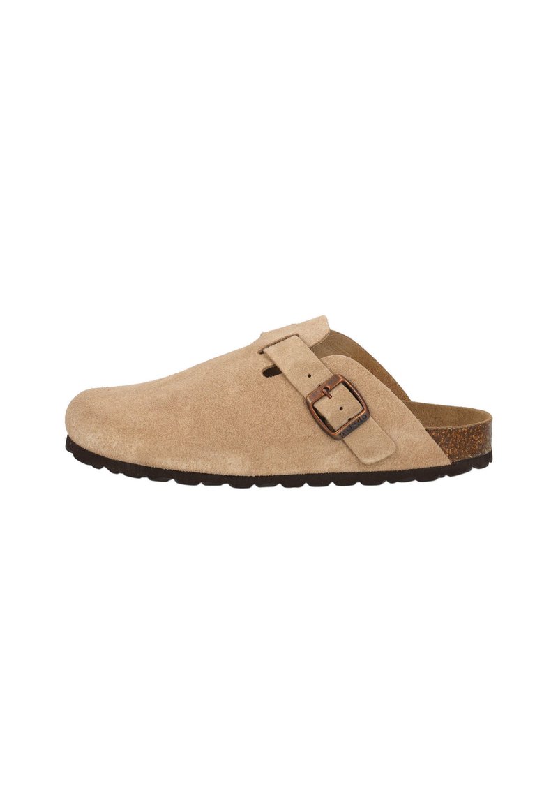 Zuecos de ante beige con puntera redondeada, correa ajustable con hebilla y suela de corcho contorneada. Superficie texturizada y suela de goma para mayor agarre.