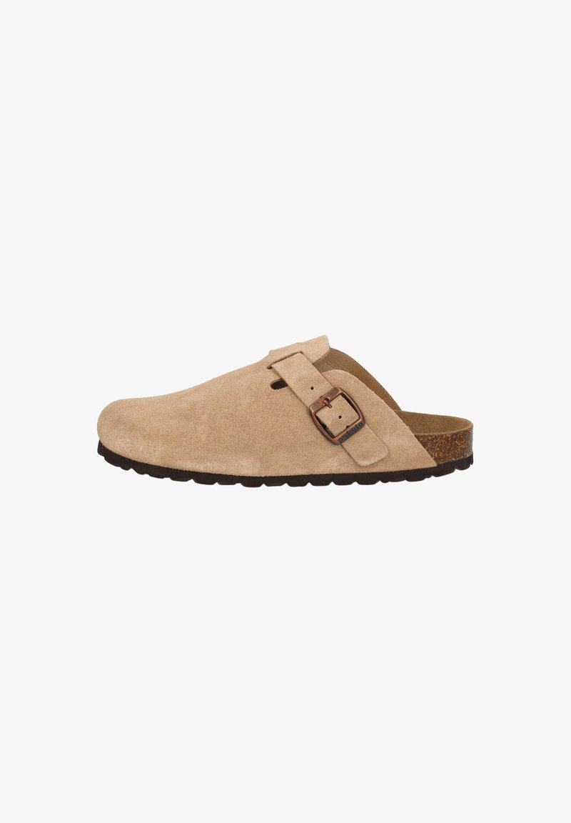 Beige suede clogs with a rounded toe, adjustable buckle strap, and contoured cork sole. Textured surface and rubber outsole for grip.