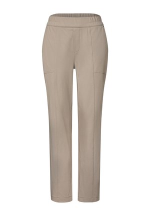 Beige elastiske bukser med lige ben, der har dekorative stikninger, to sidelommer og et glat, let struktureret stof.