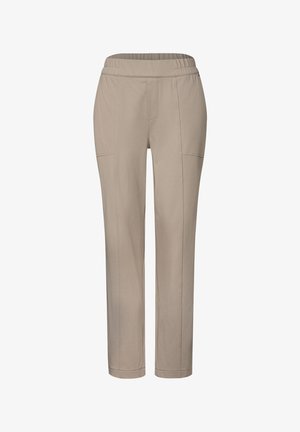 Beige elastische taille broek met rechte pijpen, voorzien van decoratieve naden, twee zijzakken en een gladde, licht gemarmerde stof.