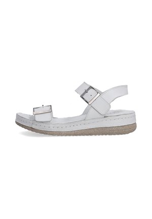 Witte sandaal met verstelbare gespstraps, gestructureerde beige zool, vlak ontwerp en glad leren materiaal. Heeft een minimalistische stijl.