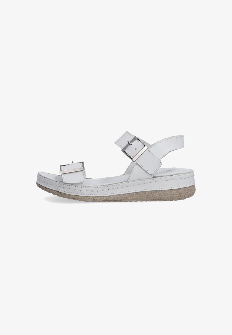 Hvide sandaler med justerbare spænder, tekstureret beige sål, flad design og glat lædermateriale. Har en minimalistisk stil.